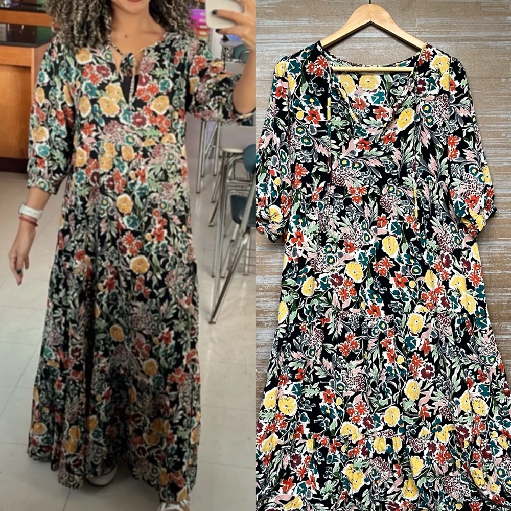 Natural Life Sage Black Floral Maxi Dress Boho Floral Whimsy Goth Womens S